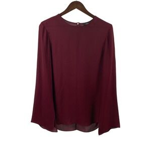 Theory Women Burgundy Split Bell Cuff Long Sleeve 100% Silk Blouse Size M Maroon
